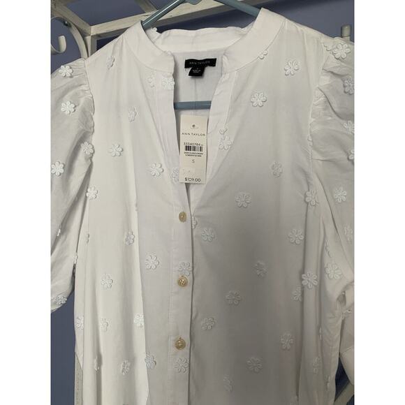 ANN TAYLOR WHITE FLORAL EMBROIDERED TIE WAIST SHIRTDRESS DRESS Wedding NWT Sm - Picture 2 of 8